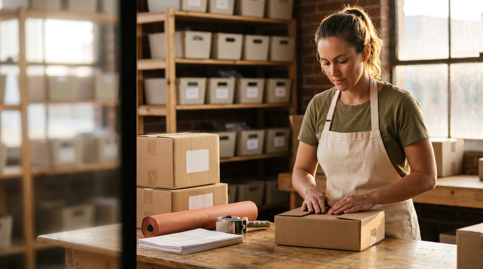 A woman in a canvas apron taping a shipping box at a wooden packing table, with a roll of coral wrapping paper, a tape gun, a stack of packing slips, and shelves of labeled bins in a brick workspace